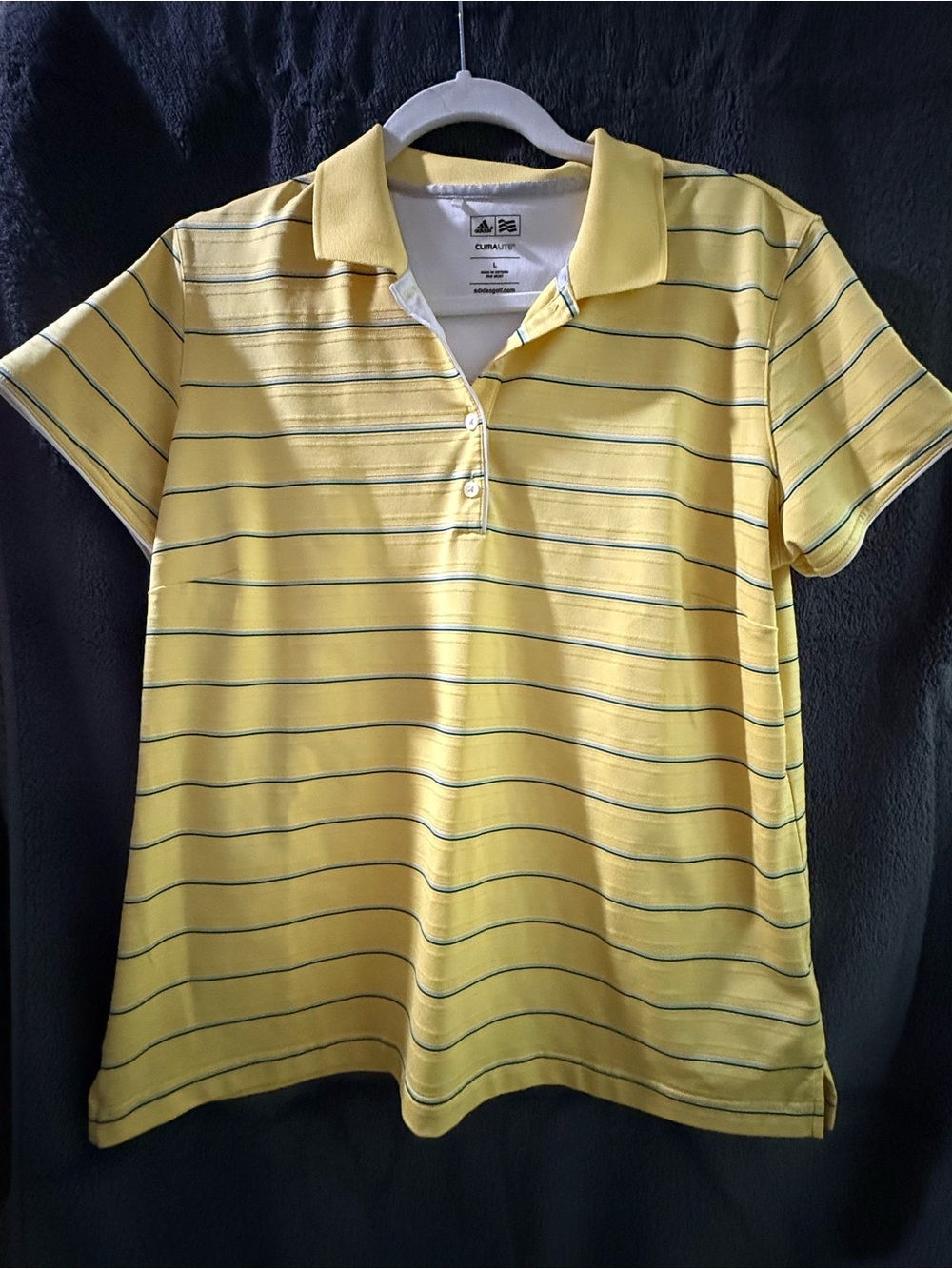 Adidas Golf Yellow Polo with Navy & White Stripes